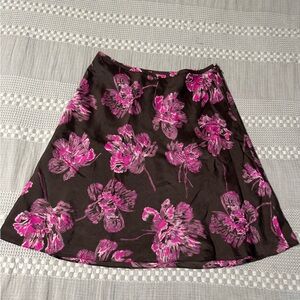 100% Silk Brown Pink Floral Ann Taylor Skirt Knee 10p Flowy Romantic Y2K Classic